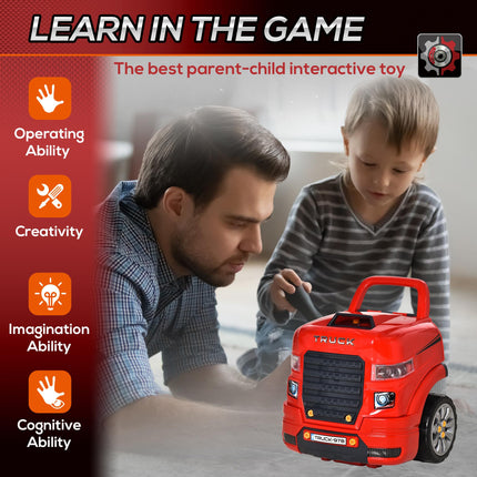 Kids Educational Toy Truck Service Station Playset with RC Car Key for Toddlers 3-5 Years - Red