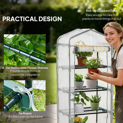 4 Tier Portable Greenhouse with Metal Frame and PE Cover - White
