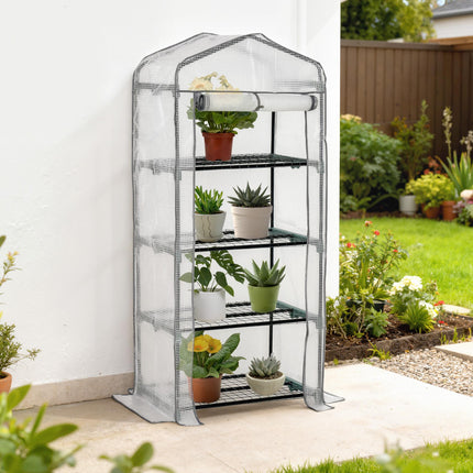 4 Tier Portable Greenhouse with Metal Frame and PE Cover - White