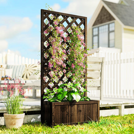 Wooden Pine Raised Trough Planter with Trellis - Natural Wood