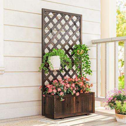 Wooden Pine Raised Trough Planter with Trellis - Natural Wood