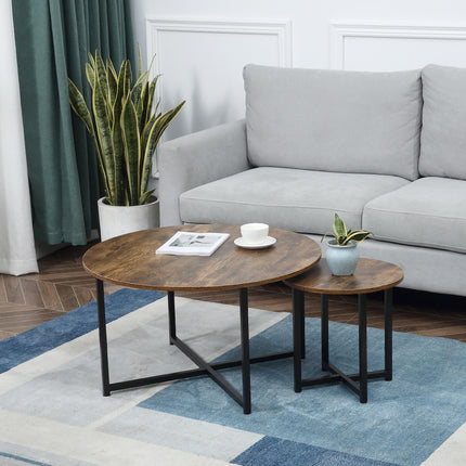 Round Nesting Coffee Table Set of 2 with Metal Frame Industrial Side End Tables - Rustic Brown