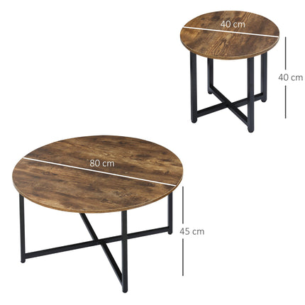 Round Nesting Coffee Table Set of 2 with Metal Frame Industrial Side End Tables - Rustic Brown