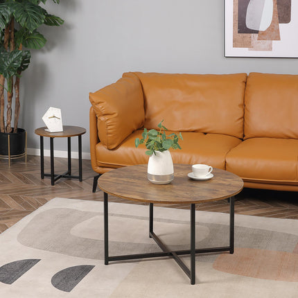 Round Nesting Coffee Table Set of 2 with Metal Frame Industrial Side End Tables - Rustic Brown