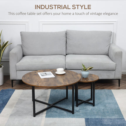 Round Nesting Coffee Table Set of 2 with Metal Frame Industrial Side End Tables - Rustic Brown