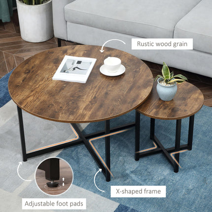 Round Nesting Coffee Table Set of 2 with Metal Frame Industrial Side End Tables - Rustic Brown