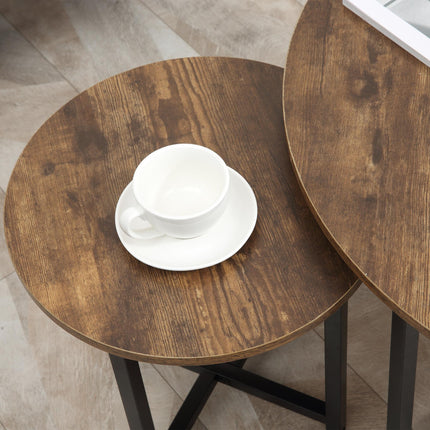 Round Nesting Coffee Table Set of 2 with Metal Frame Industrial Side End Tables - Rustic Brown