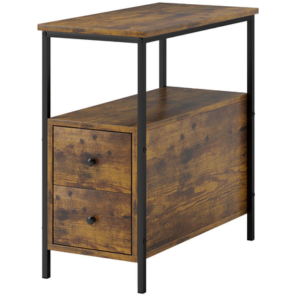 Narrow Rustic Brown Side Table with 2 Drawers and Storage Shelf - Brown