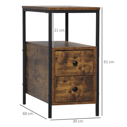 Narrow Rustic Brown Side Table with 2 Drawers and Storage Shelf - Brown