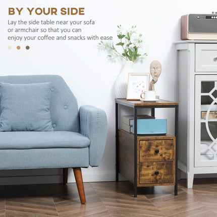 Narrow Rustic Brown Side Table with 2 Drawers and Storage Shelf - Brown