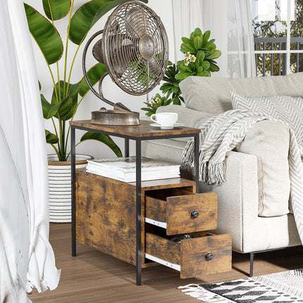 Narrow Rustic Brown Side Table with 2 Drawers and Storage Shelf - Brown