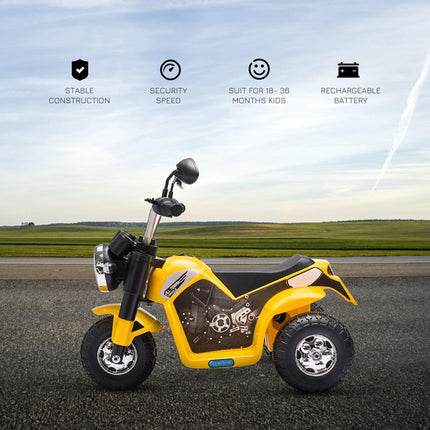 Kids 3-Wheel Electric Motorcycle Ride-On Toy 6V Battery Powered with Horn & Headlights for 18-36 Months - Yellow