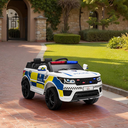 12V Kids Electric Ride On Police Car with Parental Remote, Siren & Bluetooth - White