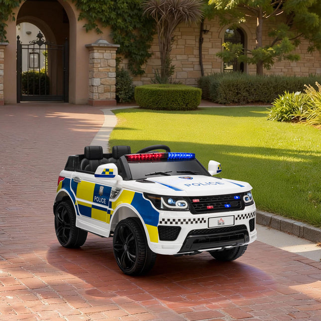 12V Kids Electric Ride On Police Car with Parental Remote, Siren & Bluetooth - White