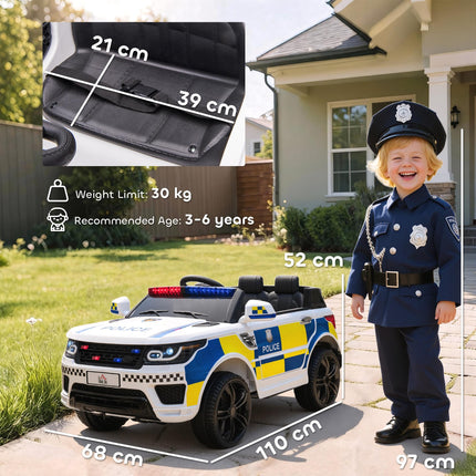 12V Kids Electric Ride On Police Car with Parental Remote, Siren & Bluetooth - White