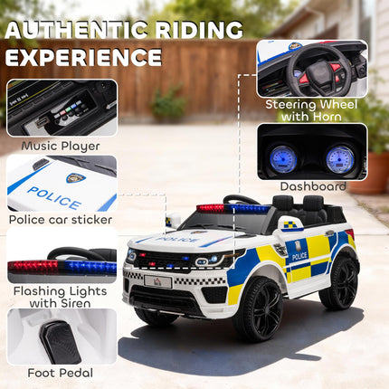 12V Kids Electric Ride On Police Car with Parental Remote, Siren & Bluetooth - White
