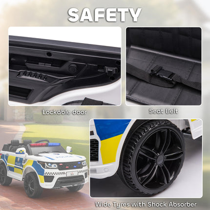 12V Kids Electric Ride On Police Car with Parental Remote, Siren & Bluetooth - White