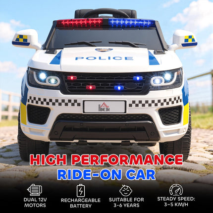 12V Kids Electric Ride On Police Car with Parental Remote, Siren & Bluetooth - White