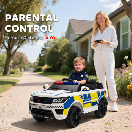 12V Kids Electric Ride On Police Car with Parental Remote, Siren & Bluetooth - White