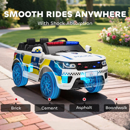 12V Kids Electric Ride On Police Car with Parental Remote, Siren & Bluetooth - White