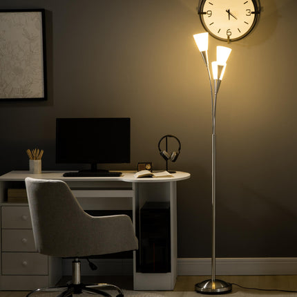 3-Light Upright Floor Lamp with Steel Base for Living Room & Bedroom - Silver