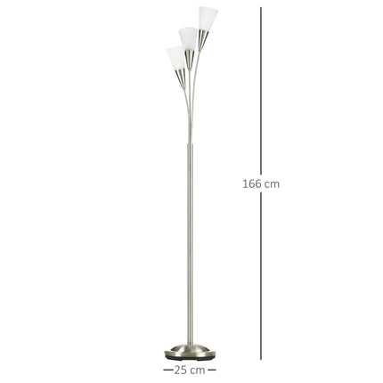 3-Light Upright Floor Lamp with Steel Base for Living Room & Bedroom - Silver