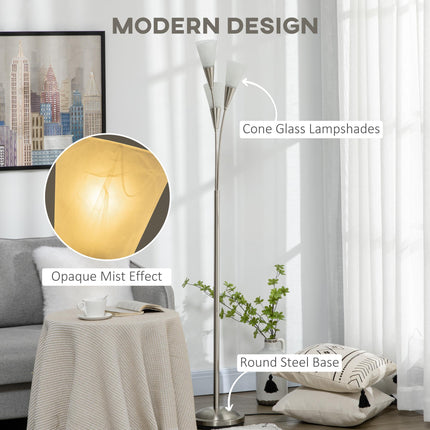 3-Light Upright Floor Lamp with Steel Base for Living Room & Bedroom - Silver