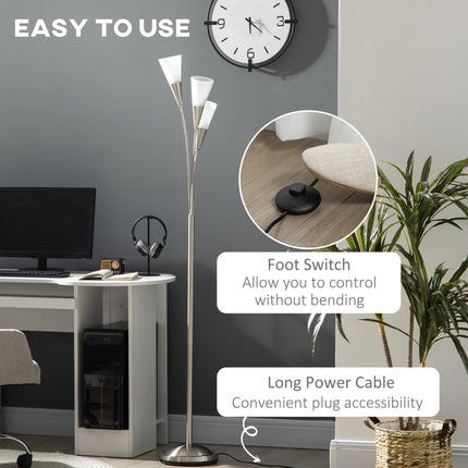 3-Light Upright Floor Lamp with Steel Base for Living Room & Bedroom - Silver