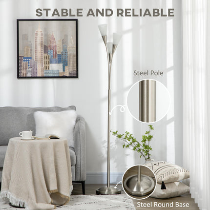 3-Light Upright Floor Lamp with Steel Base for Living Room & Bedroom - Silver