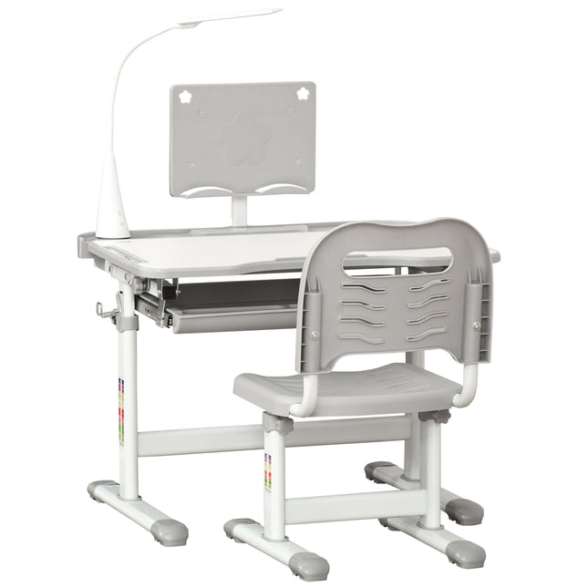 Kids Adjustable Table and Chair Set with USB Lamp and Storage Drawer - Grey White