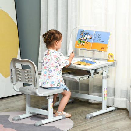 Kids Adjustable Table and Chair Set with USB Lamp and Storage Drawer - Grey White