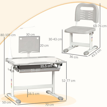 Kids Adjustable Table and Chair Set with USB Lamp and Storage Drawer - Grey White