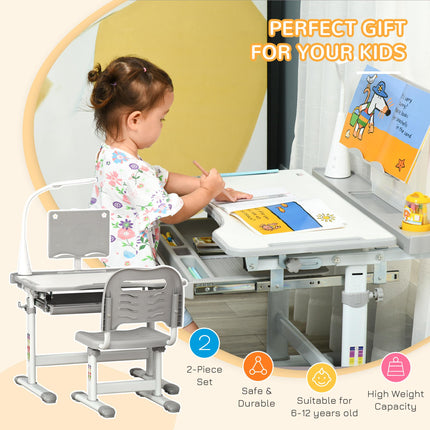 Kids Adjustable Table and Chair Set with USB Lamp and Storage Drawer - Grey White
