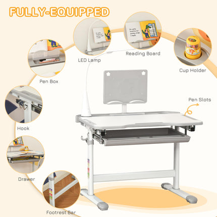 Kids Adjustable Table and Chair Set with USB Lamp and Storage Drawer - Grey White