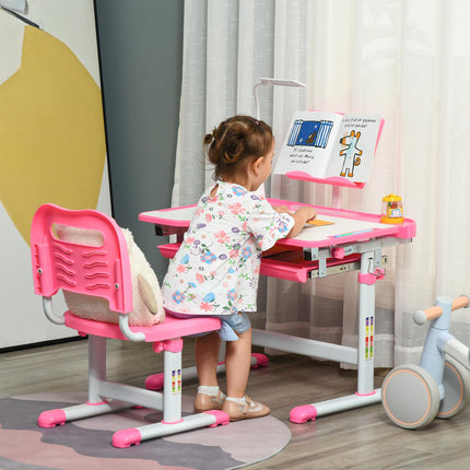 Height Adjustable 2 Piece Kids Desk and Chair Set with USB Lamp - Pink and White
