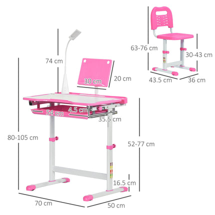 Height Adjustable 2 Piece Kids Desk and Chair Set with USB Lamp - Pink and White