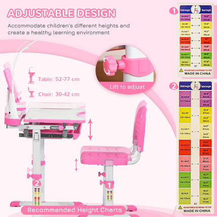 Height Adjustable 2 Piece Kids Desk and Chair Set with USB Lamp - Pink and White
