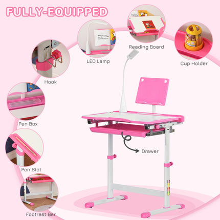 Height Adjustable 2 Piece Kids Desk and Chair Set with USB Lamp - Pink and White