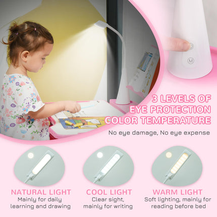 Height Adjustable 2 Piece Kids Desk and Chair Set with USB Lamp - Pink and White