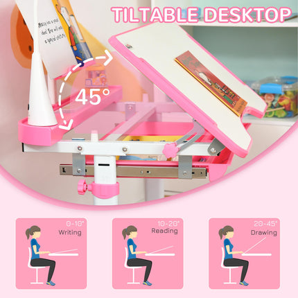 Height Adjustable 2 Piece Kids Desk and Chair Set with USB Lamp - Pink and White
