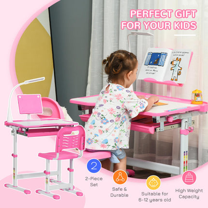Height Adjustable 2 Piece Kids Desk and Chair Set with USB Lamp - Pink and White