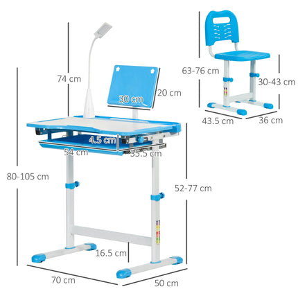 Adjustable Kids Study Desk and Chair Set with Storage and USB Lamp - Blue