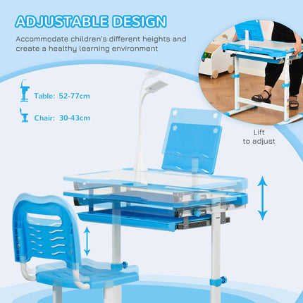 Adjustable Kids Study Desk and Chair Set with Storage and USB Lamp - Blue