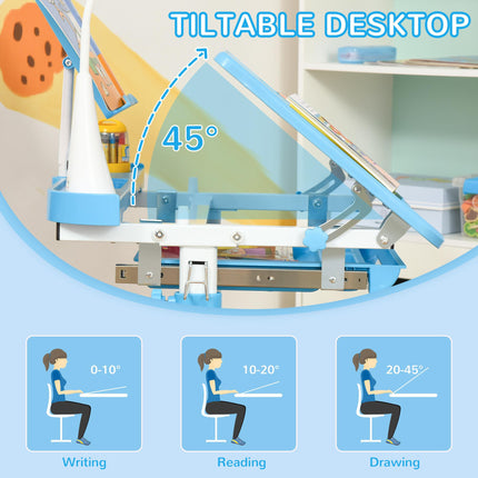 Adjustable Kids Study Desk and Chair Set with Storage and USB Lamp - Blue