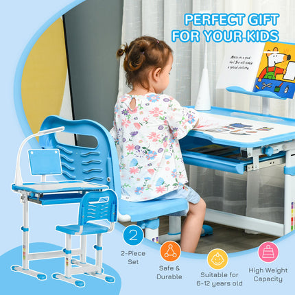 Adjustable Kids Study Desk and Chair Set with Storage and USB Lamp - Blue