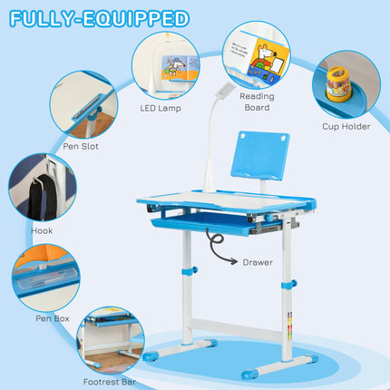 Adjustable Kids Study Desk and Chair Set with Storage and USB Lamp - Blue