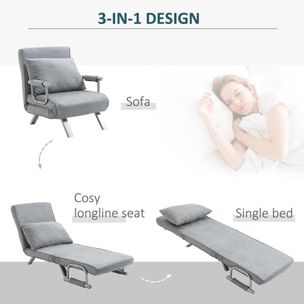 2-In-1 Single Sofa Bed Sleeper Foldable Armchair with Pillow - Light Grey