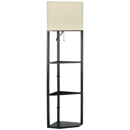 Corner Floor Lamp with Shelves, Modern Tall Standing Lamp with Pull Chain Switch - Black