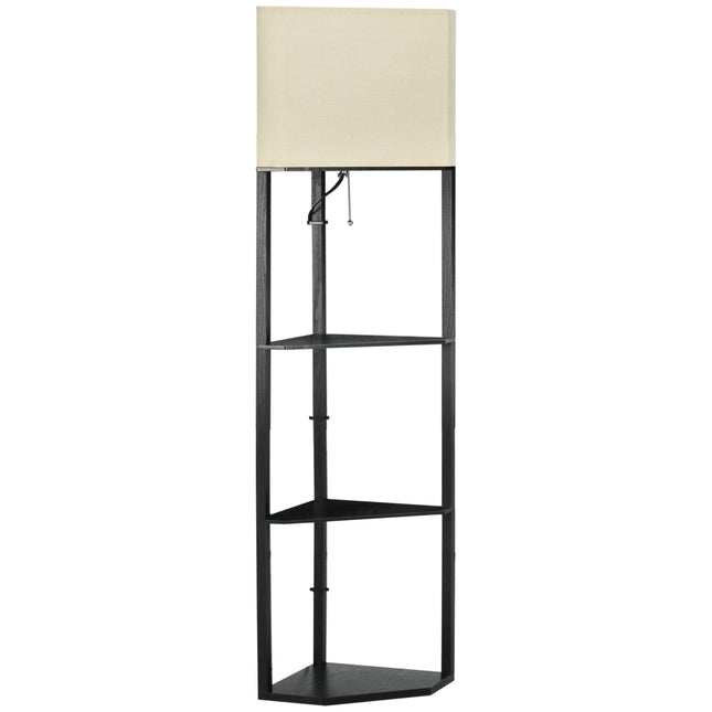 Corner Floor Lamp with Shelves, Modern Tall Standing Lamp with Pull Chain Switch - Black