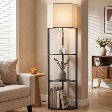 Corner Floor Lamp with Shelves, Modern Tall Standing Lamp with Pull Chain Switch - Black